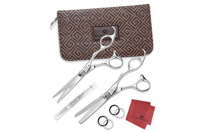 SilkCut 5.75” Shear, Thinner, Zipper Case Oil Brush, Cleaning Cloth & Finger Ring Inserts (SK-C02)