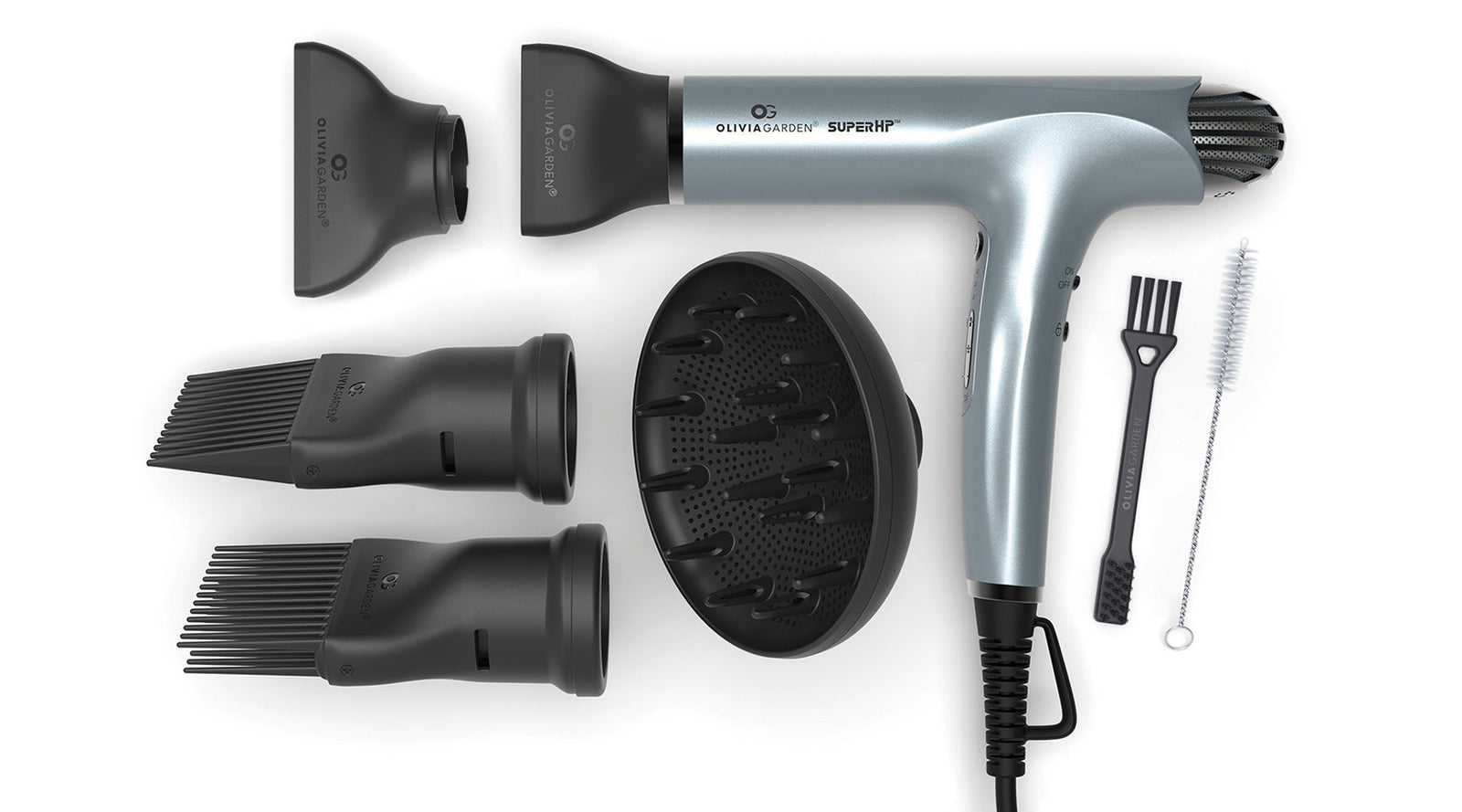 Silver Blue SuperHP Hair Dryer - Includes diffuser, 2 concentrator nozzles, 2 comb attachments & 2 cleaning brushes