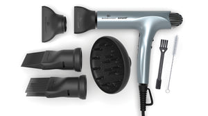 Silver Blue SuperHP Hair Dryer - Includes diffuser, 2 concentrator nozzles, 2 comb attachments & 2 cleaning brushes
