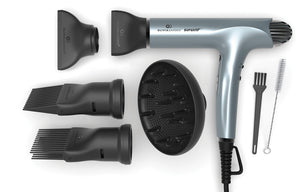 Silver Blue SuperHP Hair Dryer - Includes diffuser, 2 concentrator nozzles, 2 comb attachments & 2 cleaning brushes