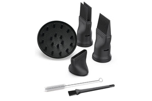 Includes 5 1/4” Diffuser, 2 3/4” Concentrator nozzle, Fine-tooth & Wide-tooth comb attachments, 2 Cleaning brushes