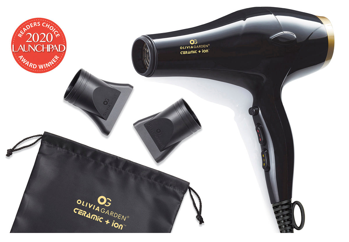 Ceramic + ion Hair Dryer - Includes drawstring storage bag & 2 concentrator nozzles. 65 mm nozzle for precise drying. 80 mm nozzle for extra long barrel brushes.