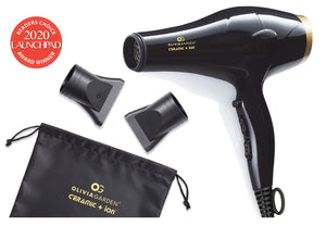 Ceramic + ion Hair Dryer - Includes drawstring storage bag & 2 concentrator nozzles. 65 mm nozzle for precise drying. 80 mm nozzle for extra long barrel brushes.