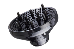 Snap-on finger diffuser. Designed to fit Olivia Garden Ceramic+ion™ hair dryer. 5” diameter, heat resistant, durable & lightweight. Gently dry while creating well defined voluminous curls or beautiful waves without frizz.